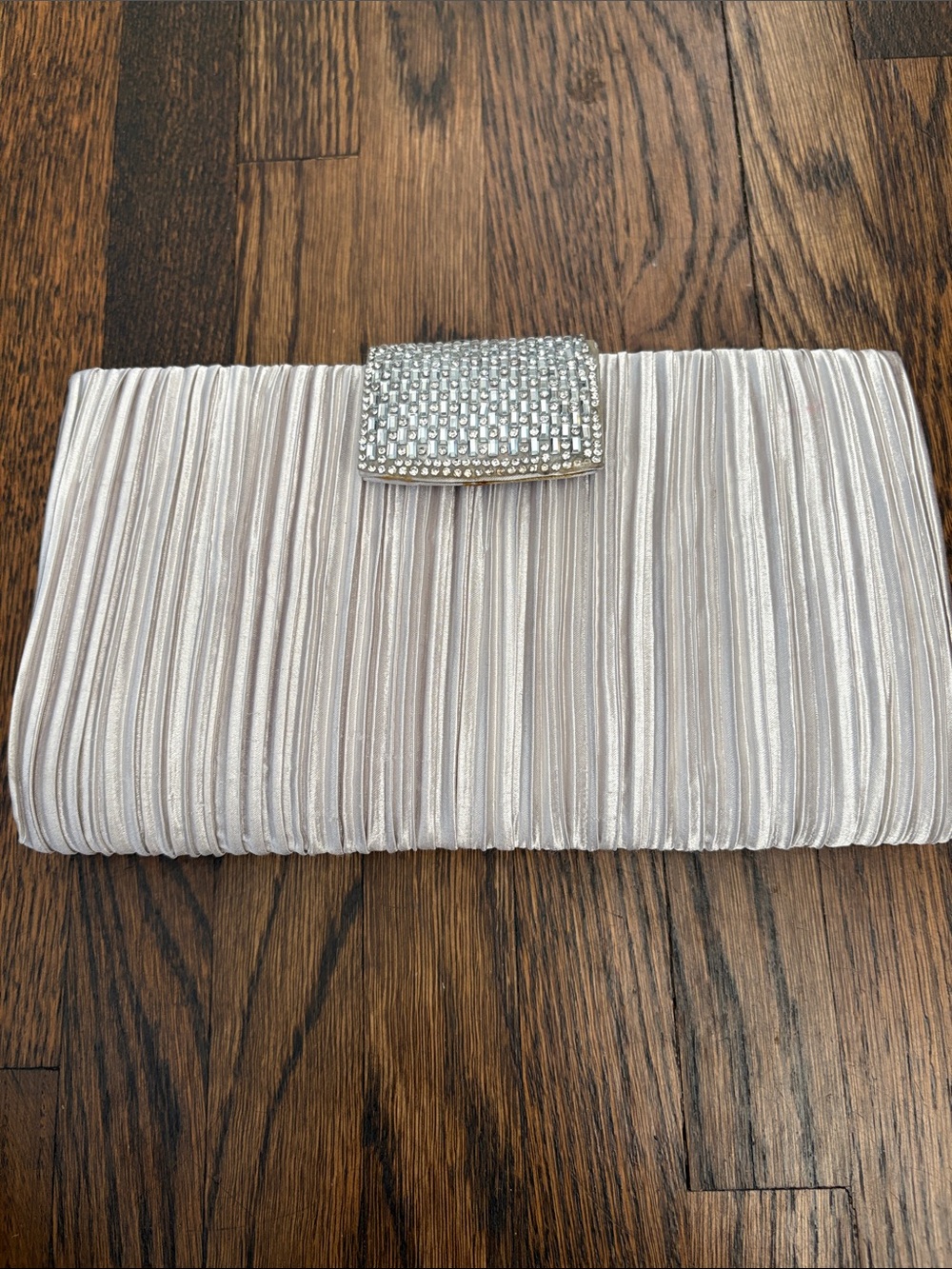 Jessica McClintock Silver Satin Pleated Clutch with Crystal Buckle